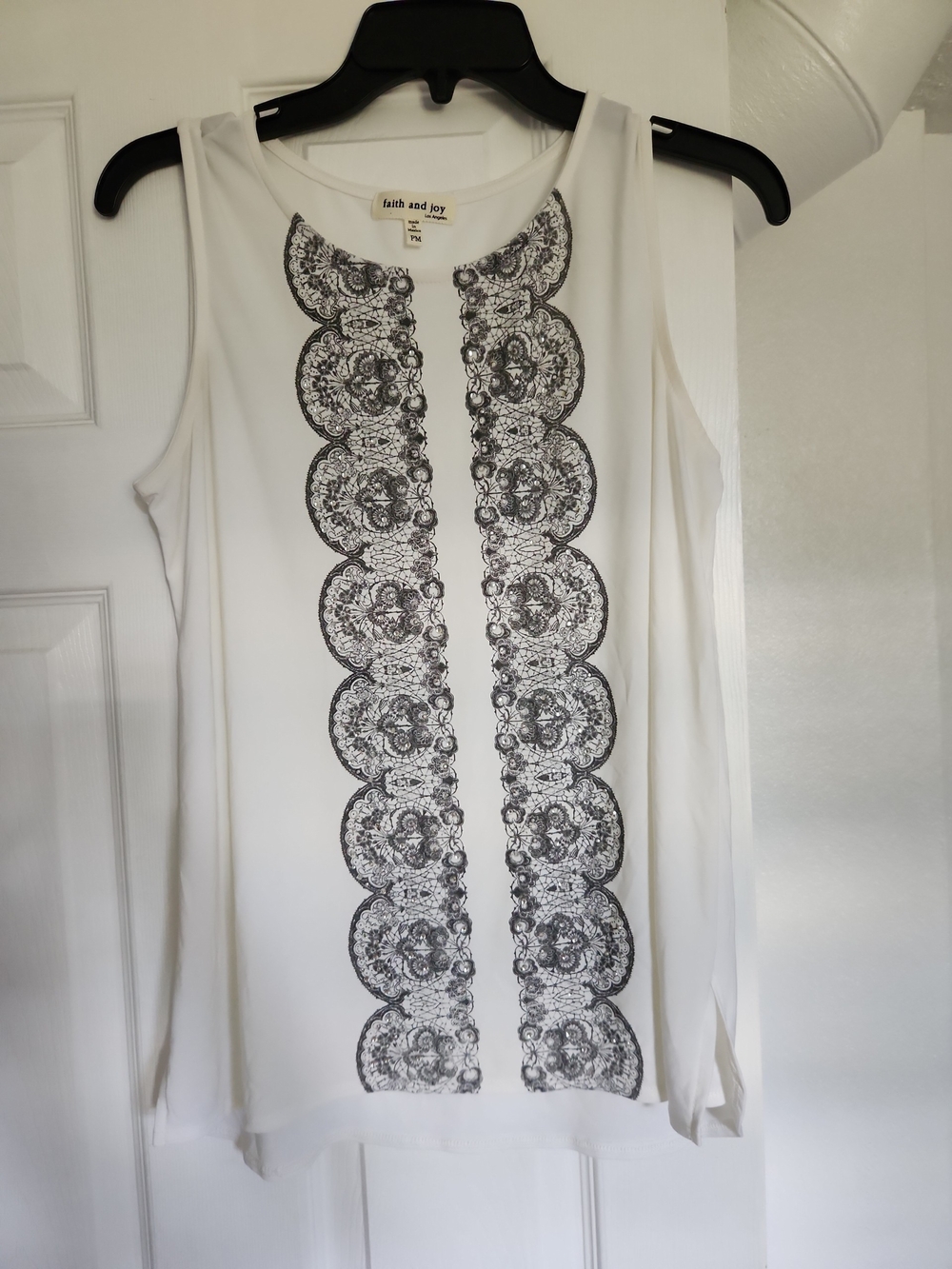 Faith and Joy White Tank with Black Lace-Print Panels